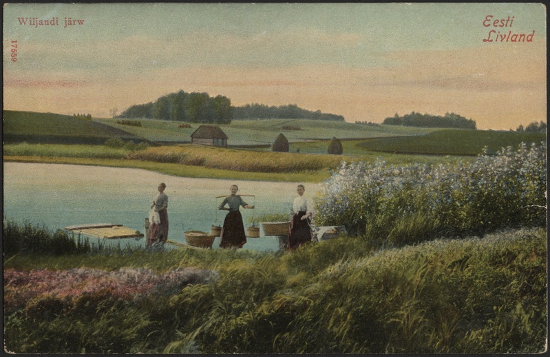 trükipostkaart, Viljandi, järv, naised pesu pesemas, koloreeritud, u 1912, Ploompuu kirjastus (Tallinn)