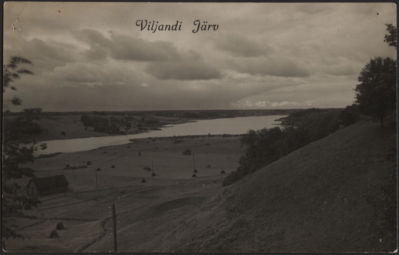 fotopostkaart, Viljandi, järveäärne heinamaa, järv, vastaskallas, u 1920