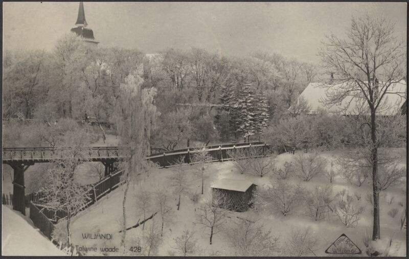 fotopostkaart, Viljandi, Varese sild, linnapoolne osa, aed, Jaani kirk, talv, u 1928, foto J. Riet