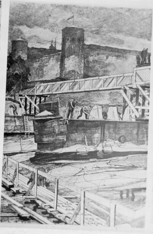 Drawing of the reporter-born artist of the German army: German shrines on the bridge of the Narva River. 1941.
