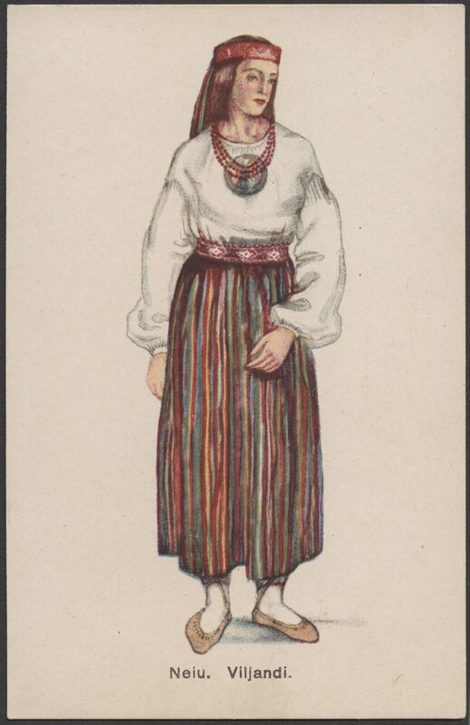 trükipostkaart, Viljandi khk, rahvarõivastes noor naine, värviline, u 1925?