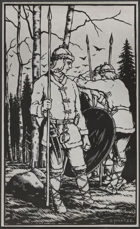 fotopostkaart, G. Mootse gravüür "Muistsed Eesti sõdurid", u 1935, foto J. Rieti ateljee