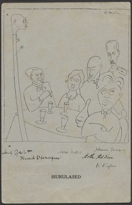 trükipostkaart, joonistus "Siurulased", mees 5tk, naine, laua ääres, u 1917  duplicate photo
