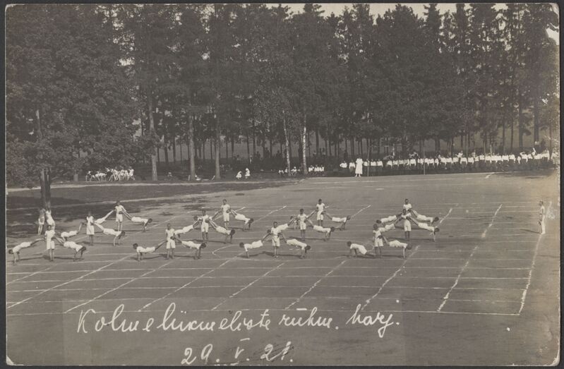 fotopostkaart, Viljandi, koolipark, võimlemispidu, etteaste, 3-liikmelised poiste rühmad, 29.05.1921