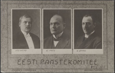 fotopostkaart, Eesti Päästekomitee liikmed, J. Vilms, K. Päts, K. Konik, 1919, foto J. & P. Parikas (Tallinn)  duplicate photo