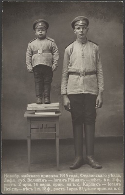 fotopostkaart, Viljandi, pikim ja lühim kutsealune, Juhan Riimann ja Juhan Peiel, 1915  similar photo