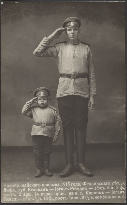 fotopostkaart, Viljandi, pikim ja lühim kutsealune, Juhan Riimann ja Juhan Peiel, 1915