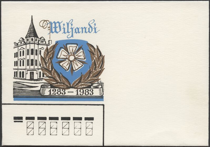 kirjaümbrik, logo Viljandi 700, vapiroos, torniga maja Tartu tn- Lossi tn nurgal