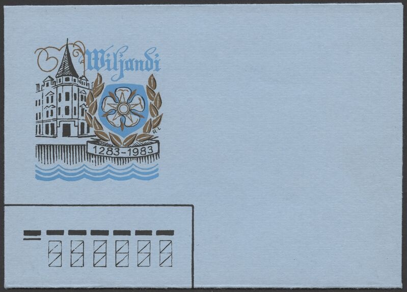 kirjaümbrik, logo Viljandi 700, vapiroos, torniga maja Tartu tn- Lossi tn nurgal