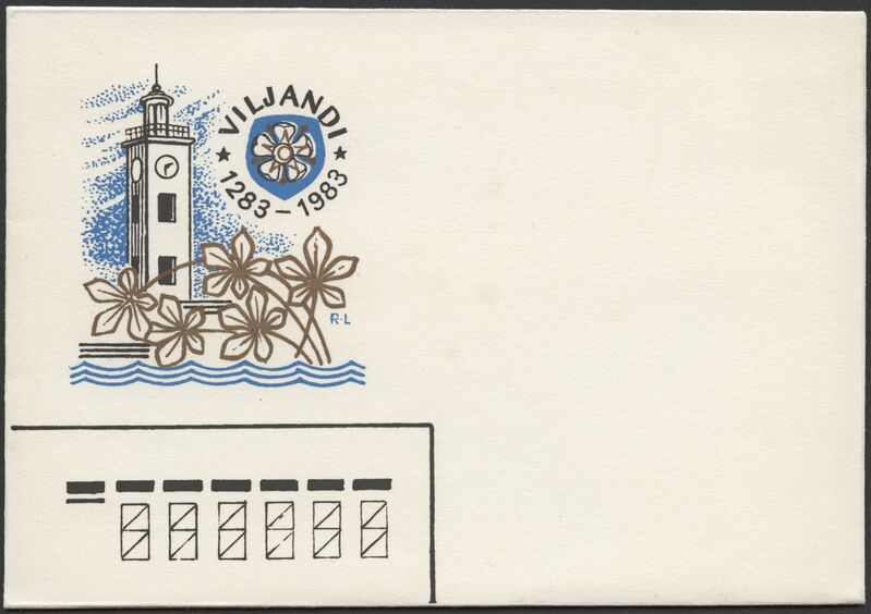 kirjaümbrik, logo Viljandi 700, vapiroos, raekoja torn