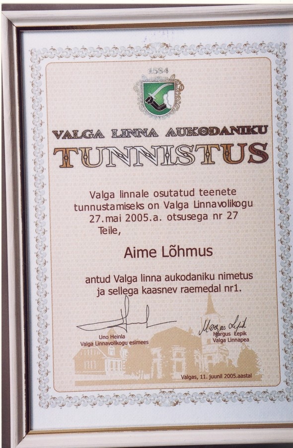 Valga linna aukodaniku tunnistus Aime Lõhmuse nimele
