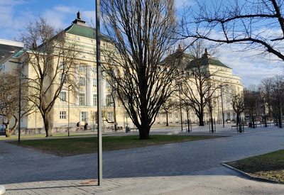View of the back façade of the Estonian theatre from the north of the Pärnu road. Ca 1910.a. rephoto