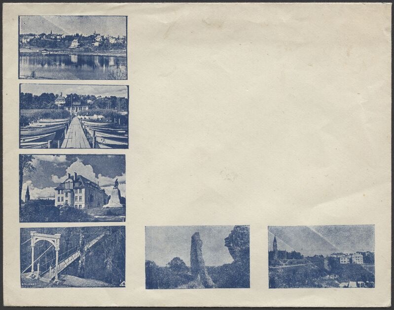 kirjaümbrik, Viljandi, 6 vaadet, järv, linn, pank, mälestussammas ja pank, rippsild, varemed, u 1938