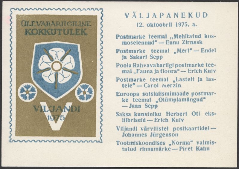 lihtpostkaart, Viljandi filatelistide ülevabariigiline kokkutulek, logo, vapiroos, väljapanekud 12.10.1975