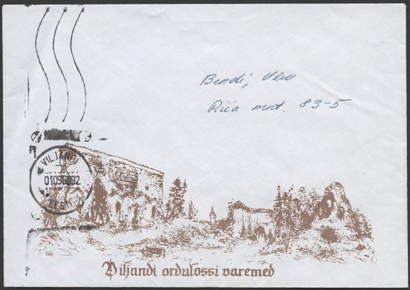 kirjaümbrik, joonistus, Viljandi Kaevumägi, postitempel 1992
