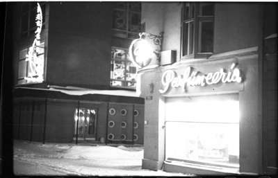 Café "Pegasuse" entrance and shop "Parfümeeria" view.  similar photo