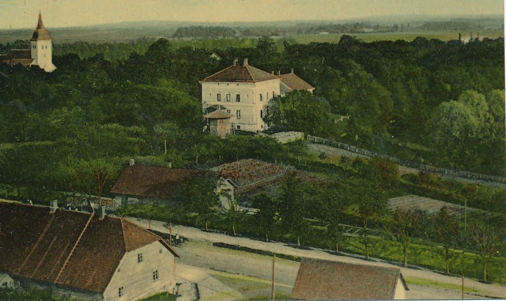 trükipostkaart, Vaksali tn, Viljandi mõis (peahoone, aed), Jaani kiriku torn, u 1910, kirjastaja E. Ring