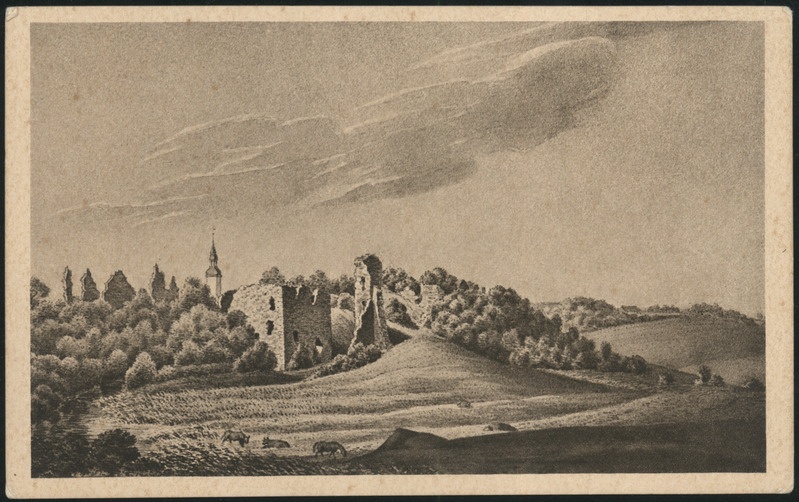 postkaart, Tarvastu khk, Tarvastu linnamägi, joonistus 1827, kirjastus R. von der Ley, Reval, Serie IV nr 6
