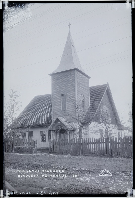 fotonegatiiv,  Viljandi, Tallinna ja Uus tn nurk, vennaste kogudus, palvemaja välisvaade u 1925 foto J. Riet
