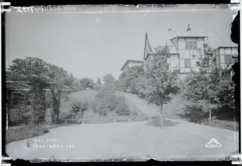 fotonegatiiv, Viljandi, Trepimägi, puhkenurk (lehtla, pingid), villad Eiche ja Sellheim u 1920, foto J. Riet