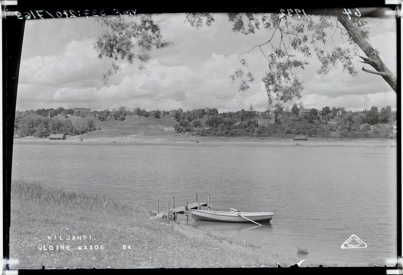 fotonegatiiv, Viljandi järv, paat, lossimäed, linn, u 1920, foto J. Riet
