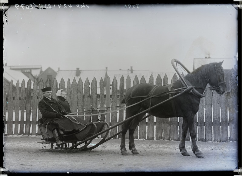fotonegatiiv, Ronimõis, mees, naine, hobune, saan, Viljandi 1903 foto J. Riet