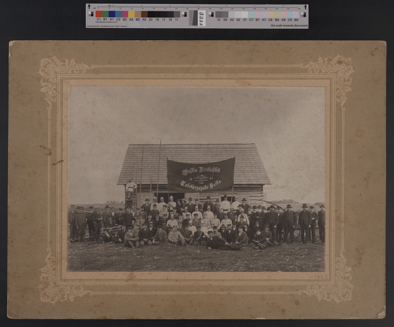 foto papil, Tarvastu khk, Mustla Priitahtlik Tuletõrjujate Selts, grupp, prits, hoone (tuletõrje selts asut 1904), grupp, u 1908