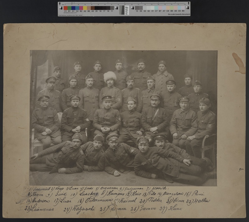 foto papil, Sakala Partisanide Pataljon, grupp,  sh ülem O. Oidermaa  (II reas vas 3.) u 1919. Nimed