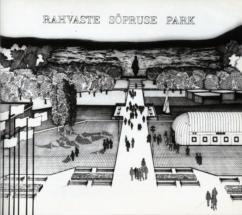 Rahvaste sõpruse park Pirita tee ääres Lauluväljaku kõrval. Projekteerija: Kommunaalprojekt. Vaade mere suunas. Perspektiivvaade, fotorepro