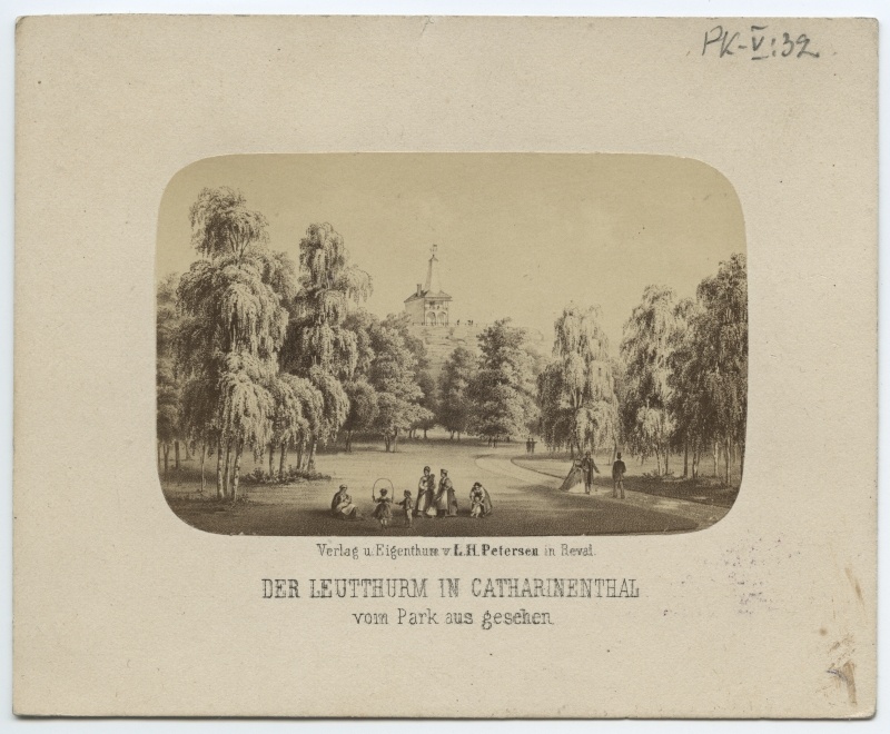L. h. Petersen "The Leutthurm in Catharinethal seen from the park." 1860s. Litography.