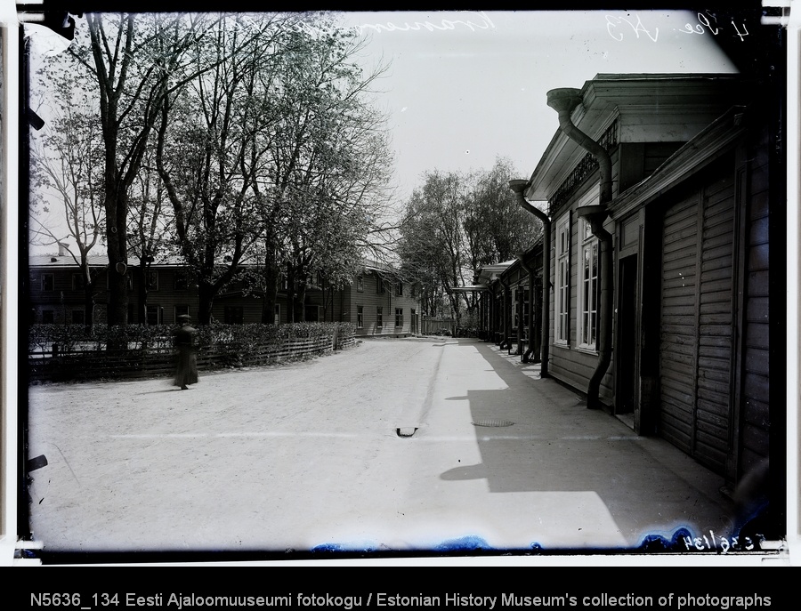 Kreenholm.(Kalevivabrik).Tänavavaade esiplaanil paremal direktori elumaja, tagaplaanil teenistujate elamud.