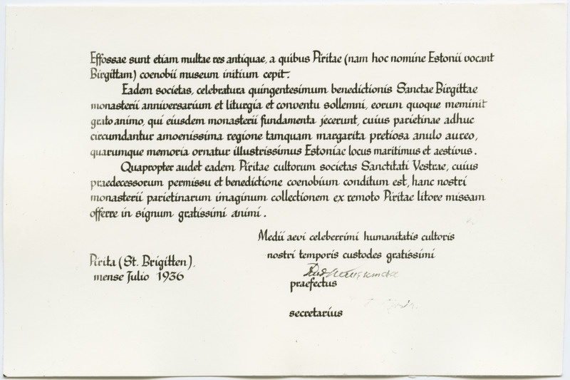 Ladinakeelne albumi tekst, mis Pirita kloostri 500-aastase juubeli puhul saadeti paavst Pius XI-le.