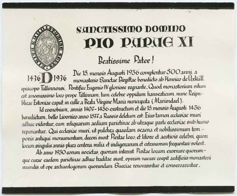 Ladinakeelne albumi tekst, mis Pirita kloostri 500-aastase juubeli puhul saadeti paavst Pius XI-le.