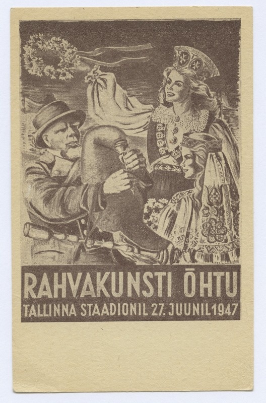 Rahvakunsti õhtu Tallinna staadionil 27.06.1947. Kaardil torupillimängija ja kaks rahvariietes neidu.