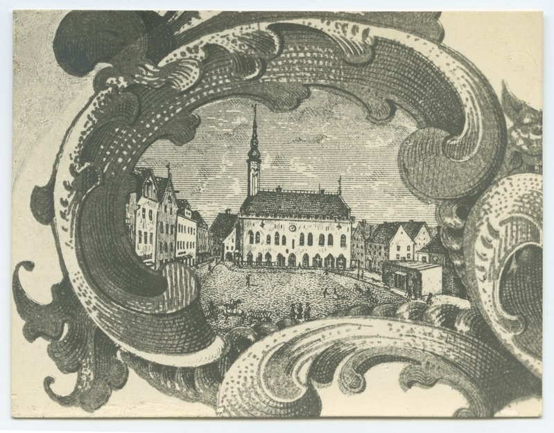 Tallinn, Raekoja plats ja Raekoda, vinjett ühel Tallinna tõllasseppade tsunfti sellitunnistusel, ca. 1840.