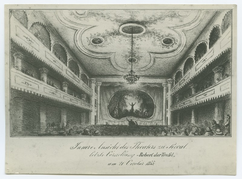 Tallinna teatri sisevaade, viimane etendus "Robert der Teufel" 21.10.1855, joonis.