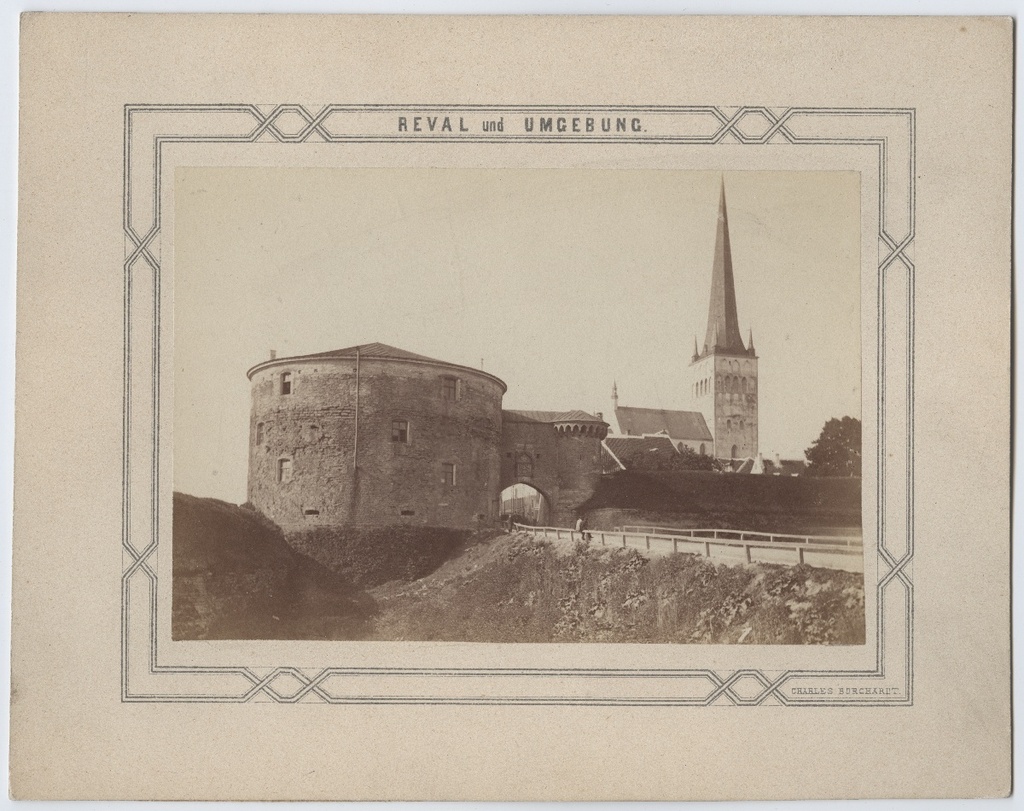 Tallinn, the Great Beach Gate and the church of Oleviste, view from the north. Series "Reval und Umfeld".