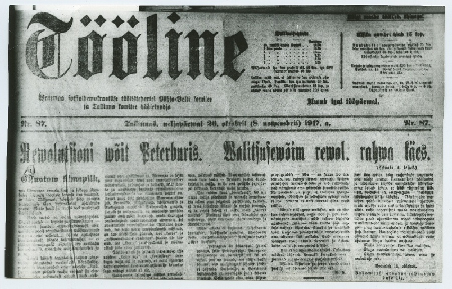 Ajaleht "Tööline" nr. 87, 26.10.1917, lh. 5, artikkel "Revolutsiooni võit Peterburis".