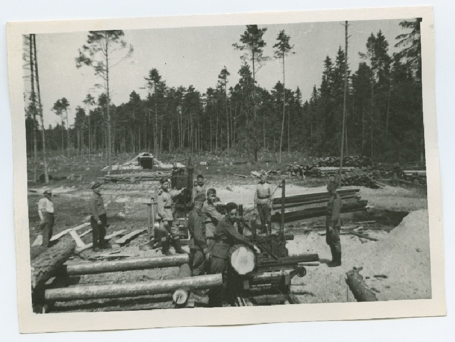 Üheksa sõdurit metsatöödel Kloogal 1945. aastal.