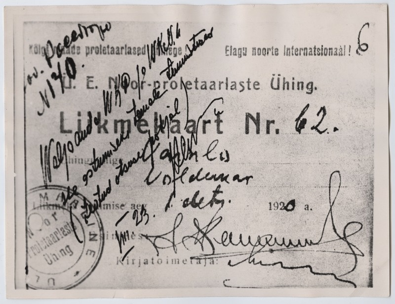 Ü.E. Noorproletaarlaste Ühingu liikmekaart Nr. 62.