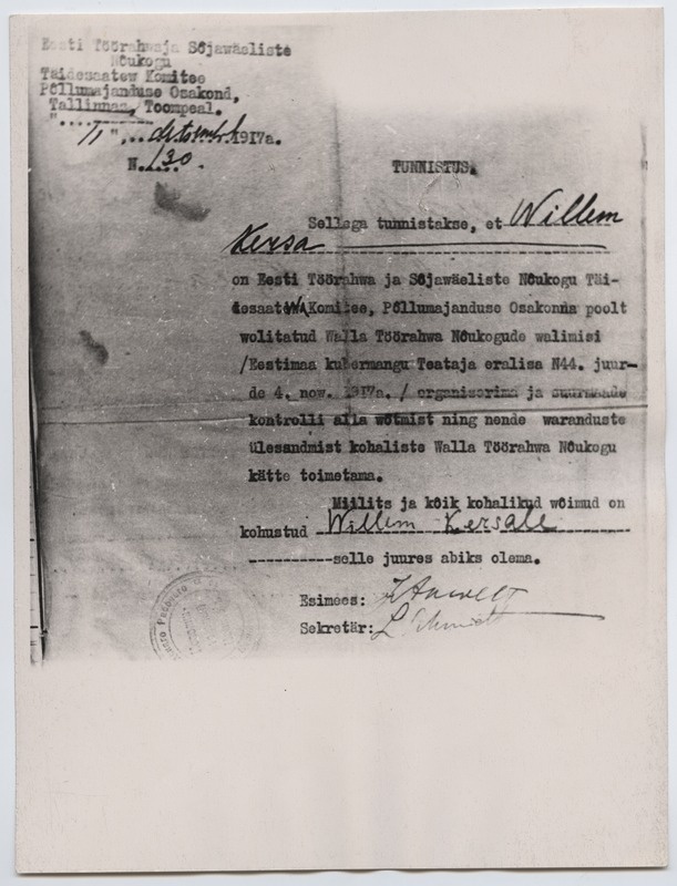 Eesti TS NTK Põllumajandus osakonna tunnistus, välja antud Willem Kersale 1917. aastal.