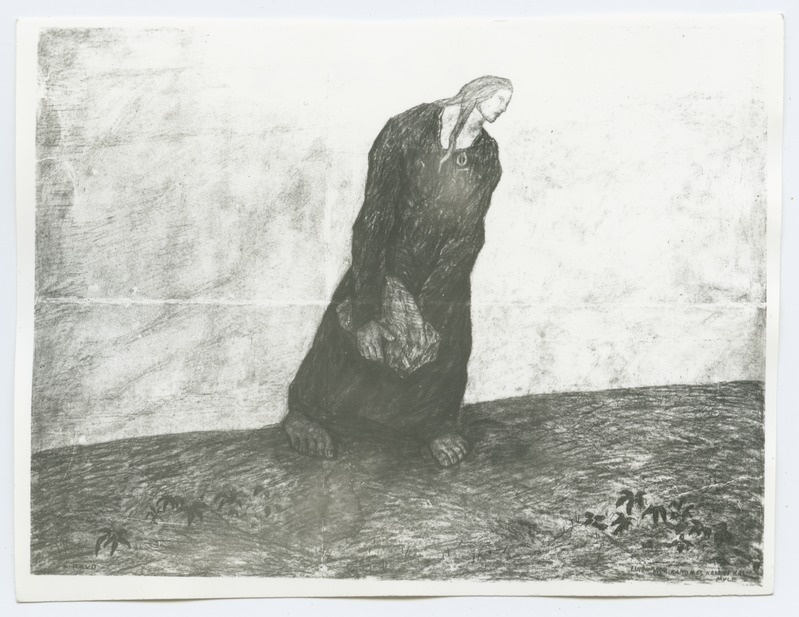 K. Raud "Linda kive kandmas Kalevi kalmule", pliiatsijoonistus umbes 1935. aastast.