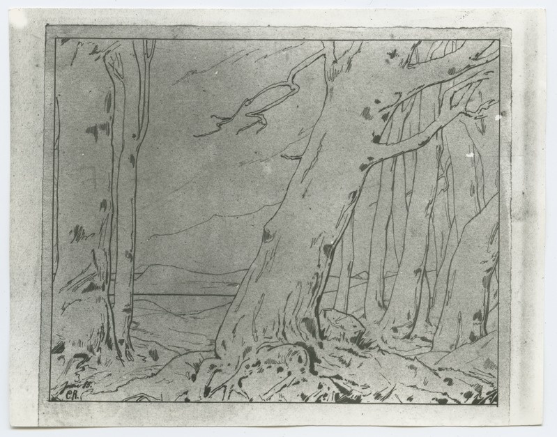 K. Raud, maastikujoonistus raagus puudega, tuššijoonistus 1885. aastast.