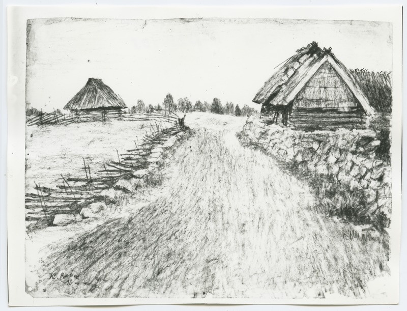 K. Raud, külatänav roigas- ja kiviaedade vahel, pliiatsijoonistus 1918. aastast.