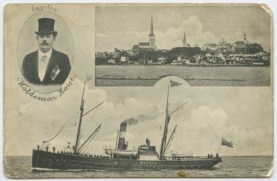Reklaamkaart, millel aurik "Meteor", kapten Voldemar Horst ja Tallinna vaade merelt.  duplicate photo