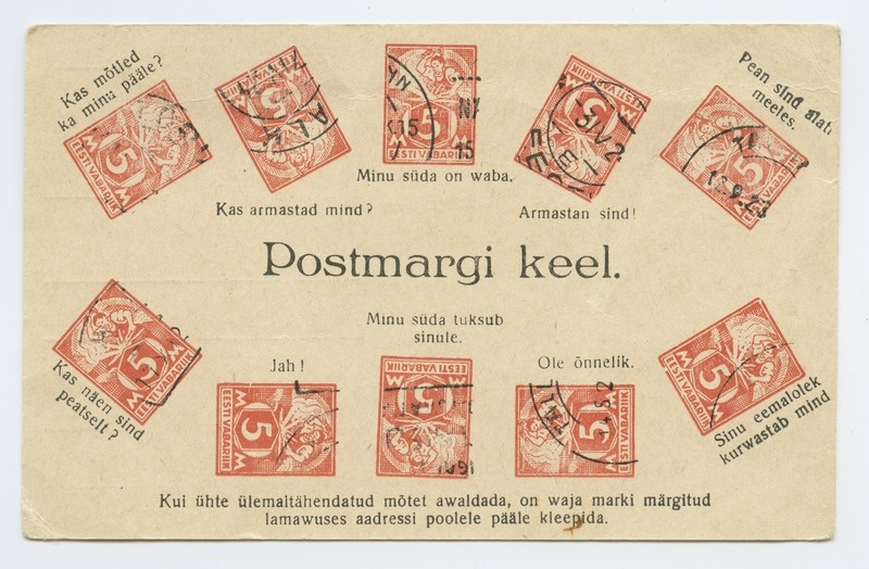 "Postmargi keel". Kaardil erinevates asendites postmargid koos seletusega. Postkaart.