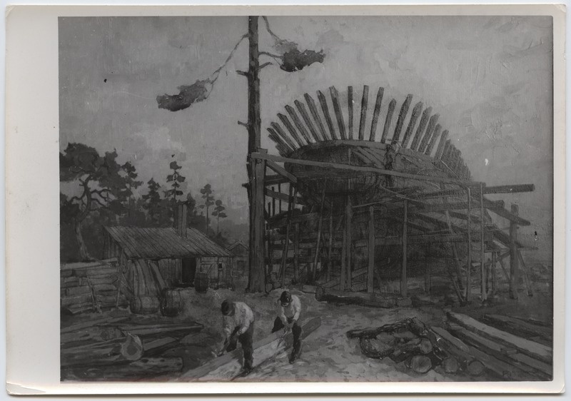 Fotoreproduktsioon R. Nyman "Laeva ehitamine Saaremaal" - Talvenäitus 1944. aastal.