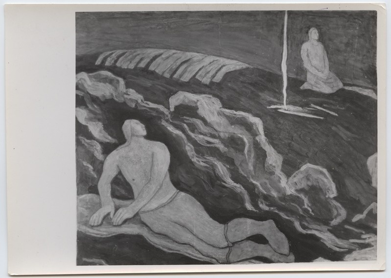 Fotoreproduktsioon K. Raud "Kalevipoeg ja Saarepiiga"- Kevadnäitus 1943. aastal.