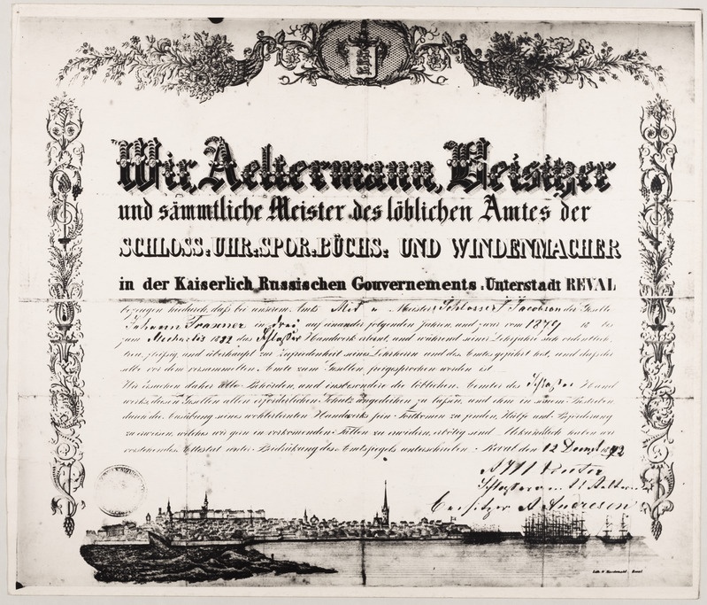 Lukkseppade ameti sellitunnistus Johann Traxneri nimele, 12.12.1882.