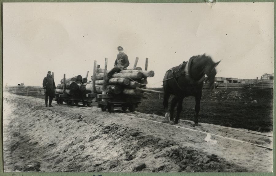 Transportation of raw materials from a. m. Luther factory on railway tracks with horses